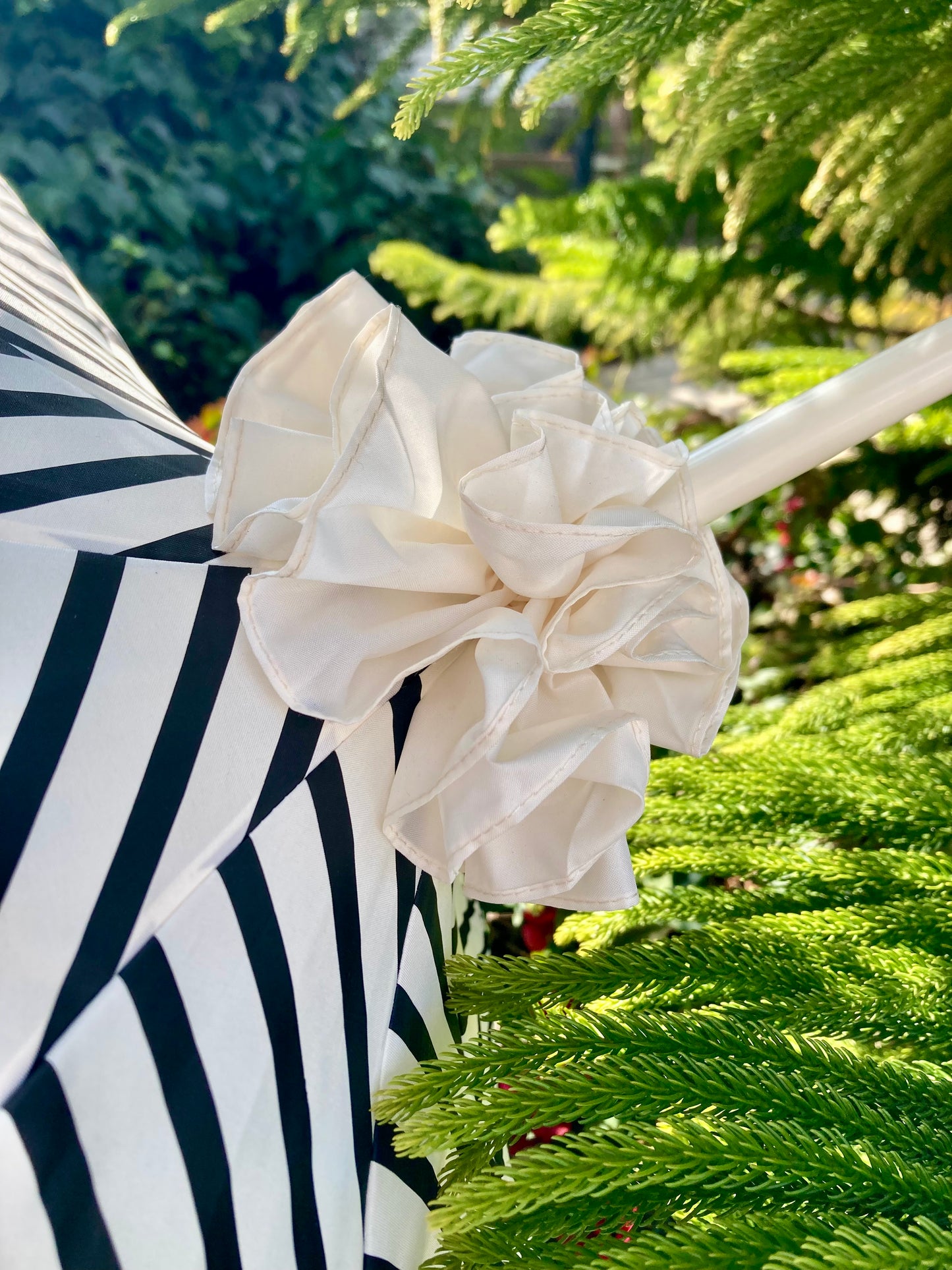 Stripes and Ruffles Umbrella | Cream Ruffle Topper | Fabric Cover Handle