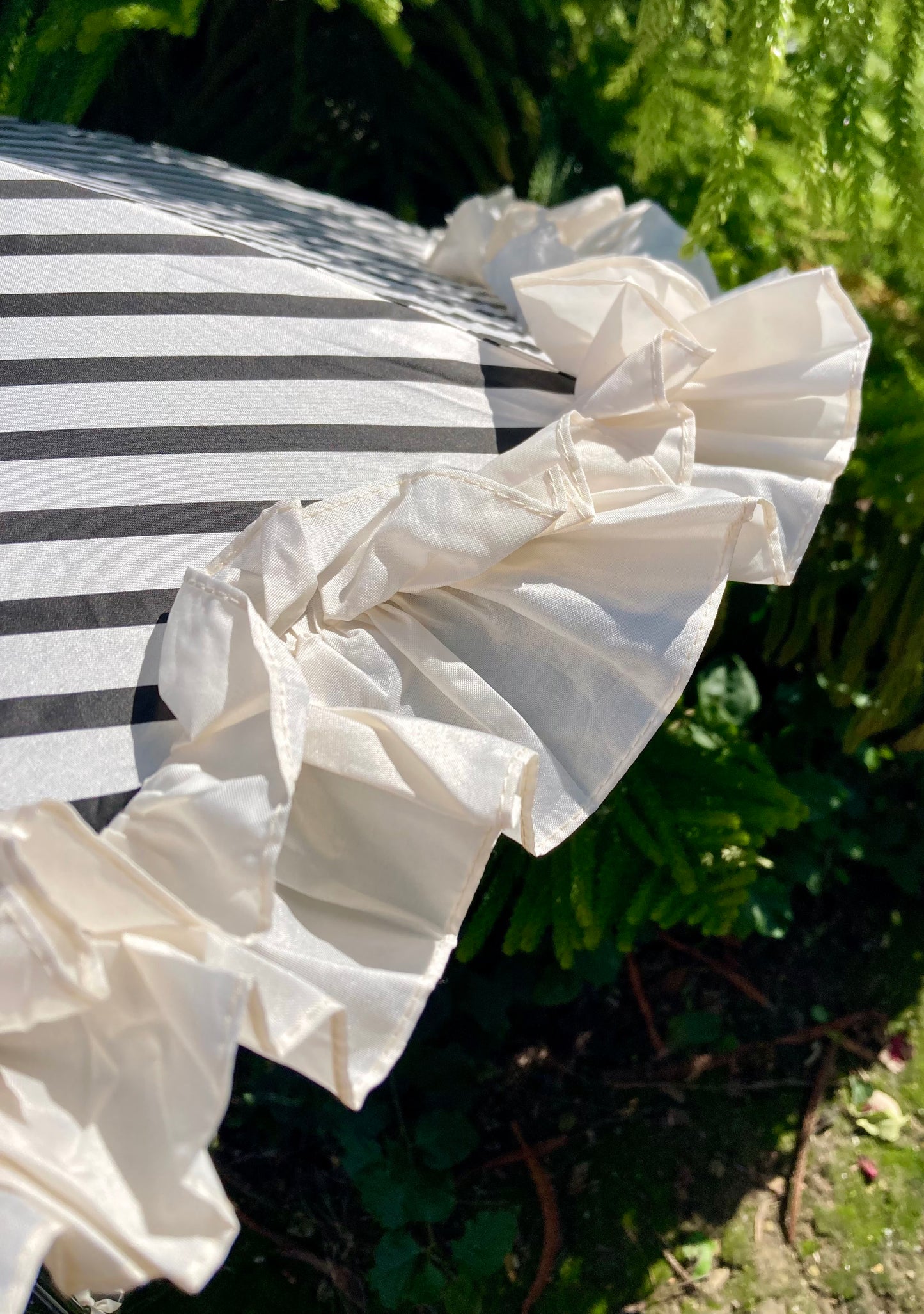 Stripes and Ruffles Umbrella | Cream Ruffle Topper | Fabric Cover Handle
