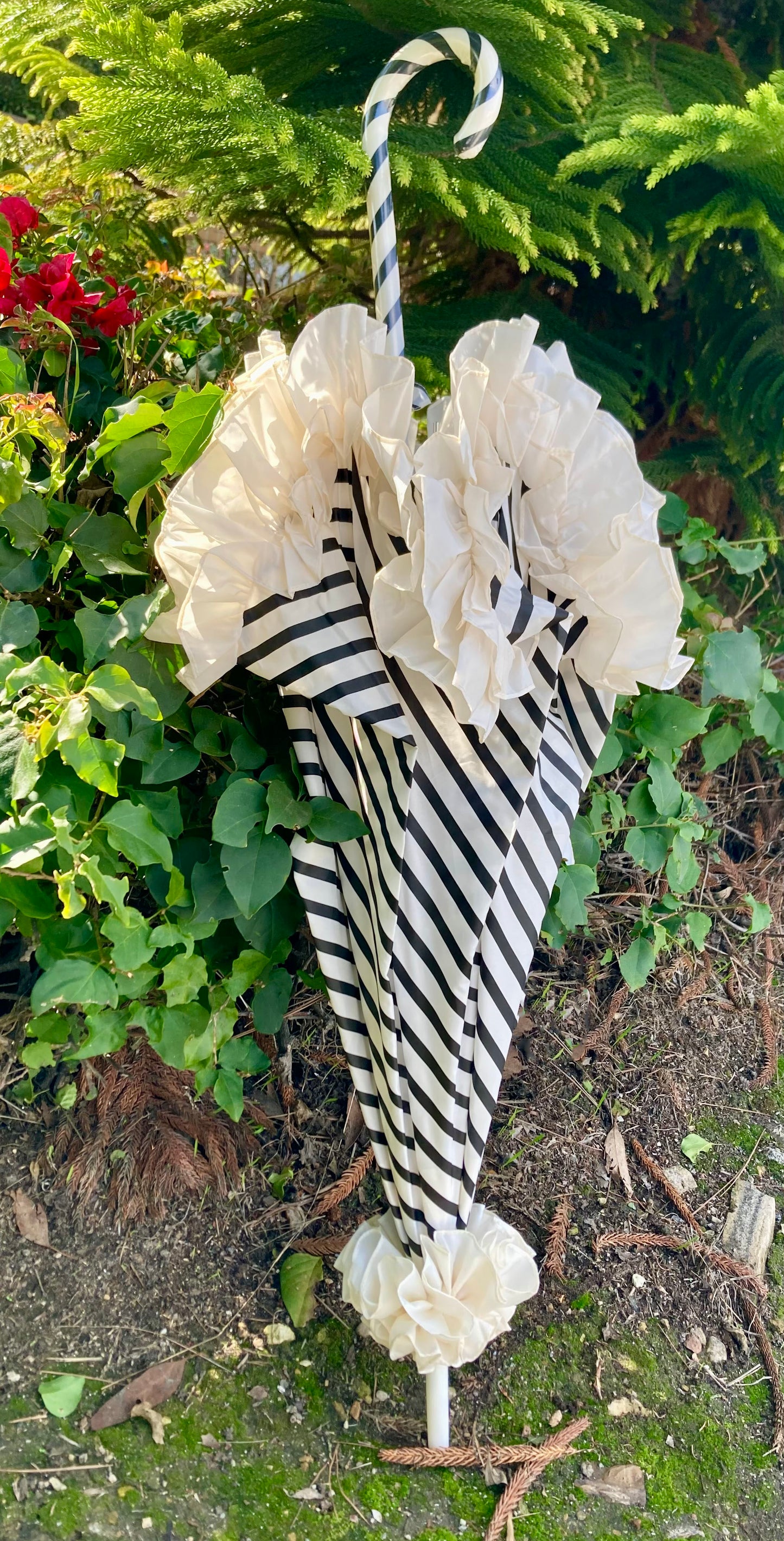 Stripes and Ruffles Umbrella | Cream Ruffle Topper | Fabric Cover Handle