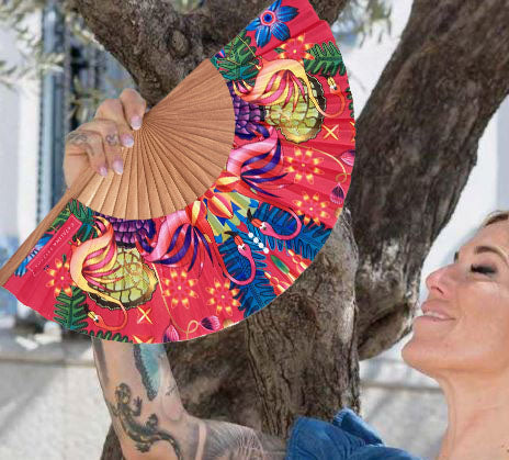 Pink Flamingo Red Backdrop Hand Fan | Made in Spain | Catalina Estrada