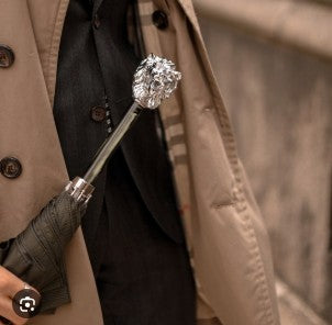 Silver Lion Umbrella | Black Italian Houndstooth Fabric | Free Shipping