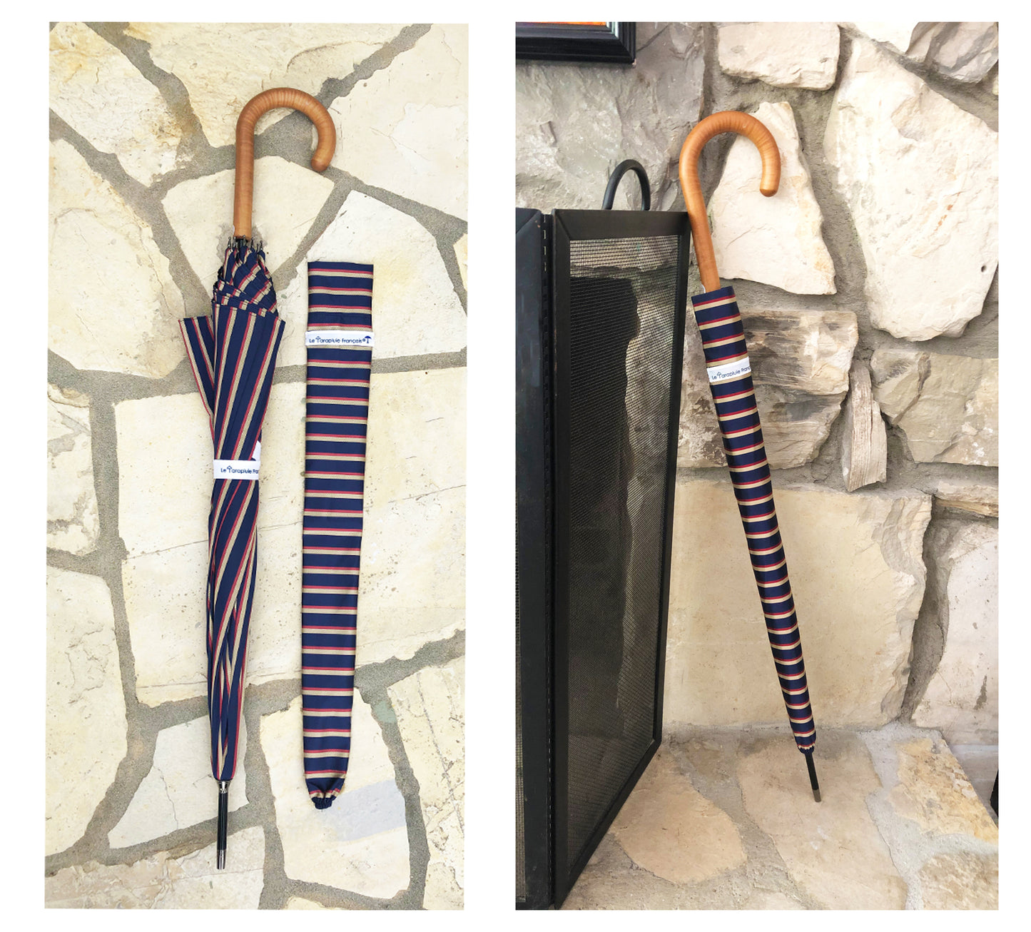 Man Stripes Umbrella Hazelnut Handle | Everyday Luxury Made in France | Free Shipping