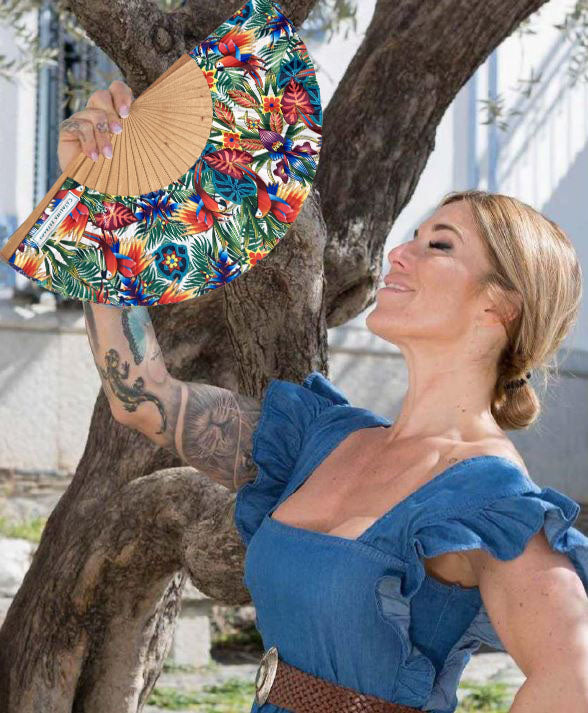 Jungle Macaw White Backdrop Hand Fan | Made in Spain | Catalina Estrada