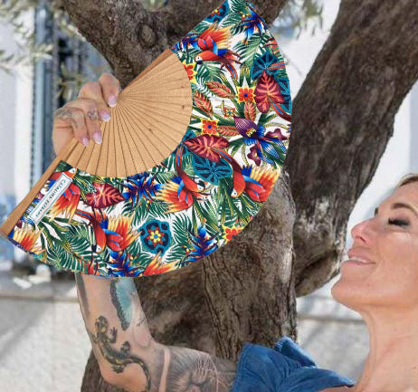 Jungle Macaw White Backdrop Hand Fan | Made in Spain | Catalina Estrada