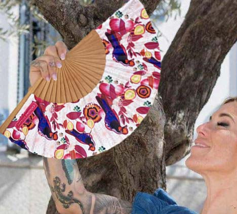 Cool White Jay Bird Symphony Hand Fan | Fabric and Cherry Wood | Made in Spain