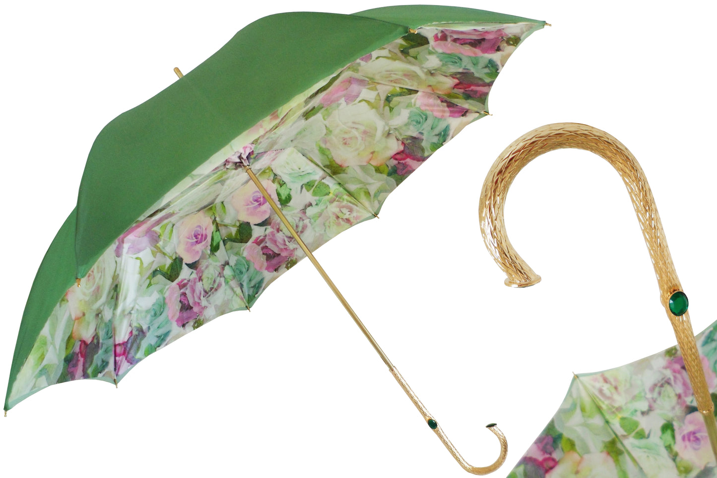 Green and Pink Roses Umbrella | Pasotti Italian Made Luxury | Free Shipping