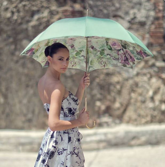 Green and Pink Roses Umbrella | Pasotti Italian Made Luxury | Free Shipping