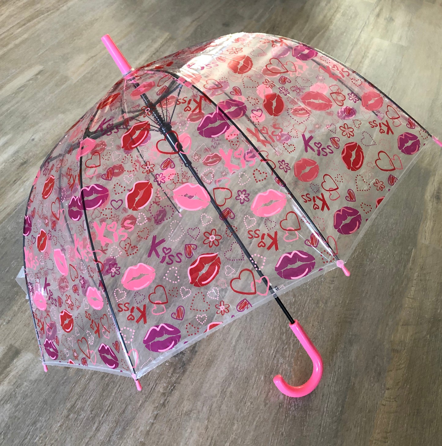 Paraguas de burbuja transparente Lips and Kisses | Cúpula profunda con estampado rosa, rojo y morado