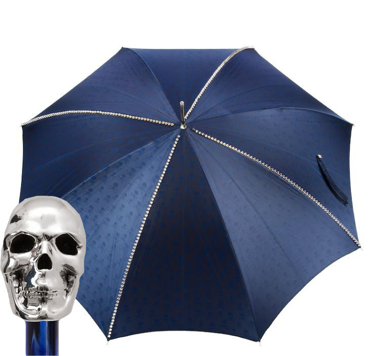 Navy Umbrella with Studs | Silver Skull Handle | Free Shipping