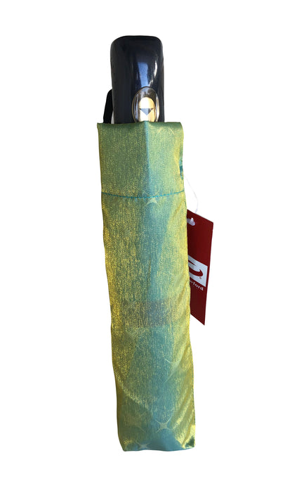 Green Yellow Iridescent Umbrella | 3-Fold Compact | Subtle Floral Design
