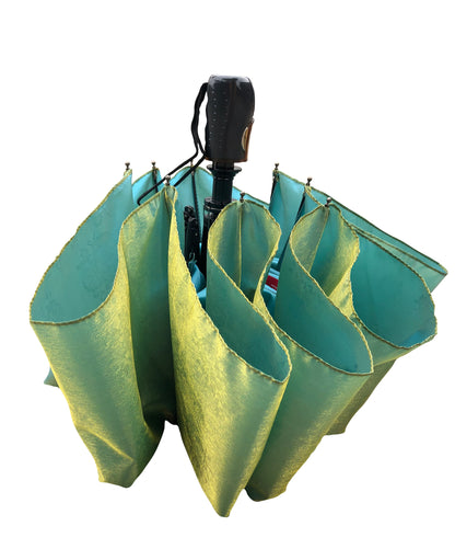 Green Yellow Iridescent Umbrella | 3-Fold Compact | Subtle Floral Design