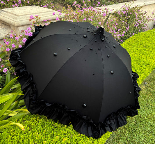 Margot Black Pearls and Ruffles Umbrella | Lisbeth Dahl European Pagoda