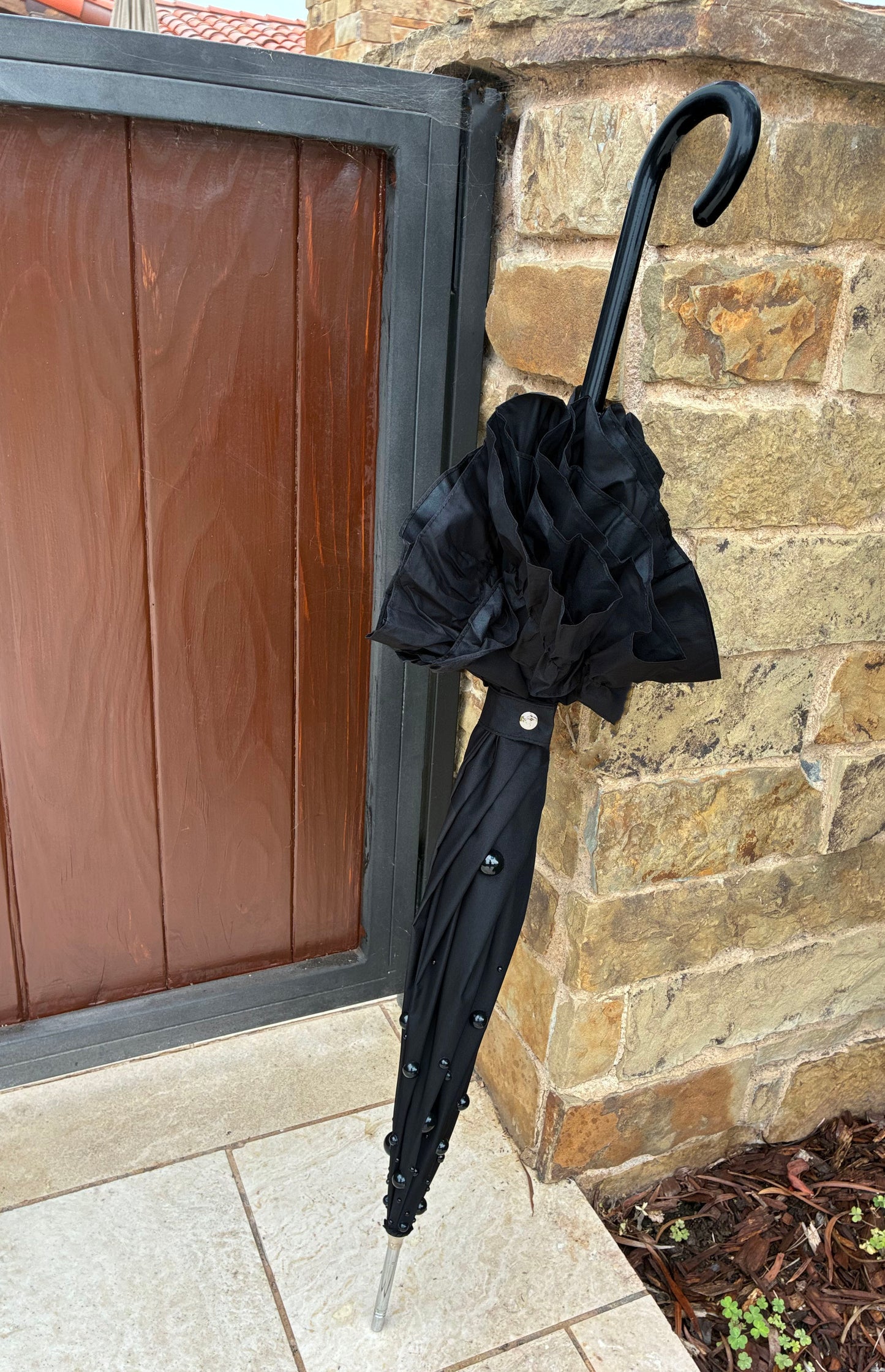 Margot Black Pearls and Ruffles Umbrella | Lisbeth Dahl European Pagoda