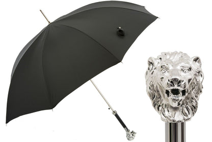 Silver Lion Umbrella | Black Italian Houndstooth Fabric | Free Shipping