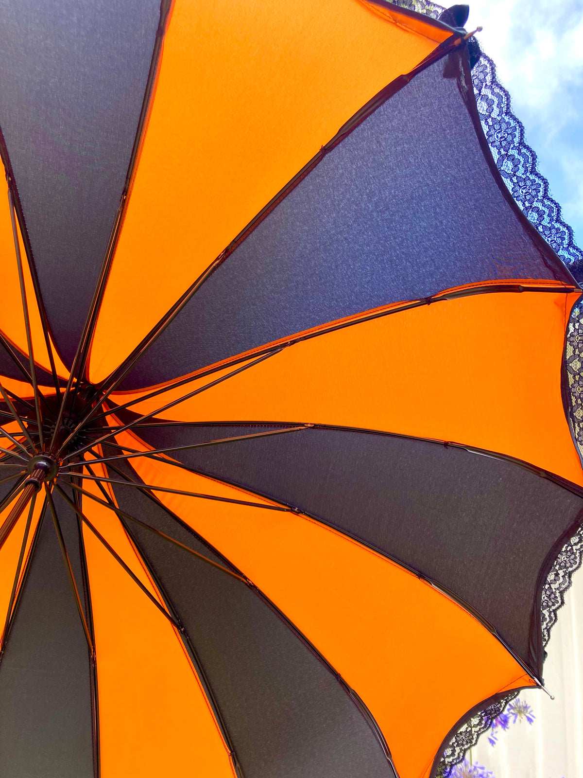 Ariane Orange and Black Pagoda Umbrella | Ribbons and Lace Trim | Stylish Handle