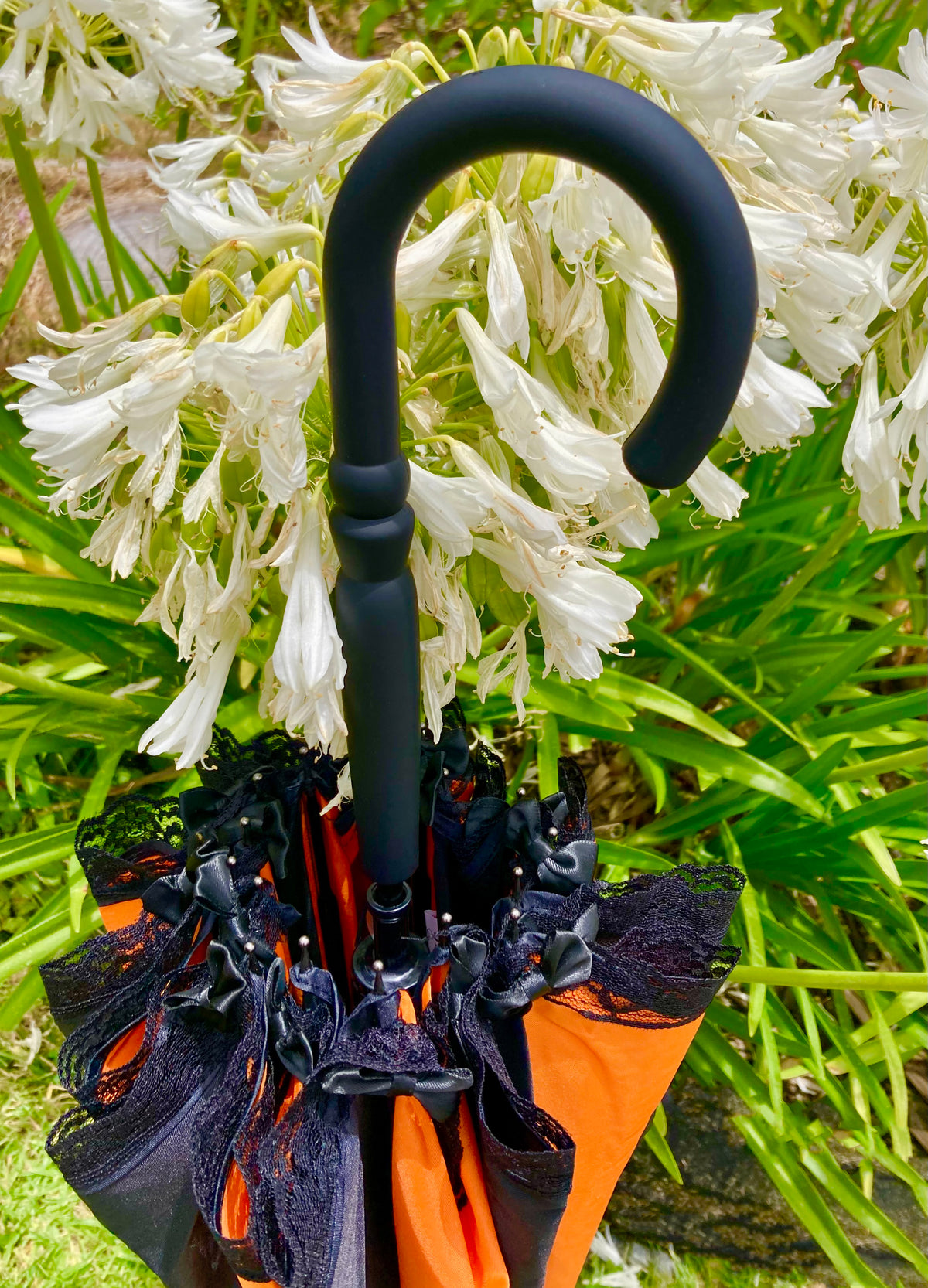 Ariane Orange and Black Pagoda Umbrella | Ribbons and Lace Trim | Stylish Handle