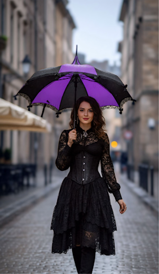 Purple Black Pagoda Umbrella | Lace and Bows Trim | Everyday Fashion Gift