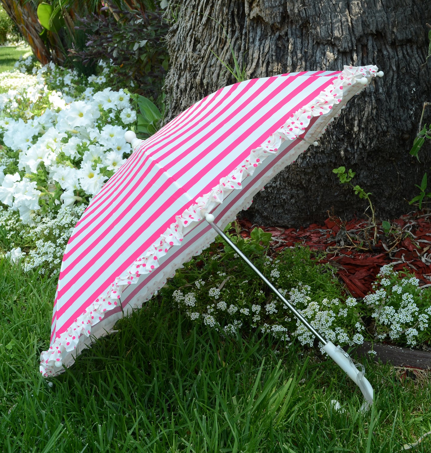 Strong Lisbeth Dahl Umbrella for Girl | Pink Stripes and Polka Dots Ruffles | Designer Accessory for Rain and Sun