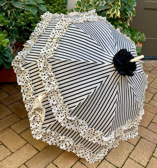 Stripes and Dots Double Frill Umbrella | Cream Black Polka Dots Topper | Auto Open