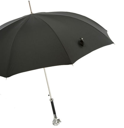 Silver Lion Umbrella | Black Italian Houndstooth Fabric | Free Shipping