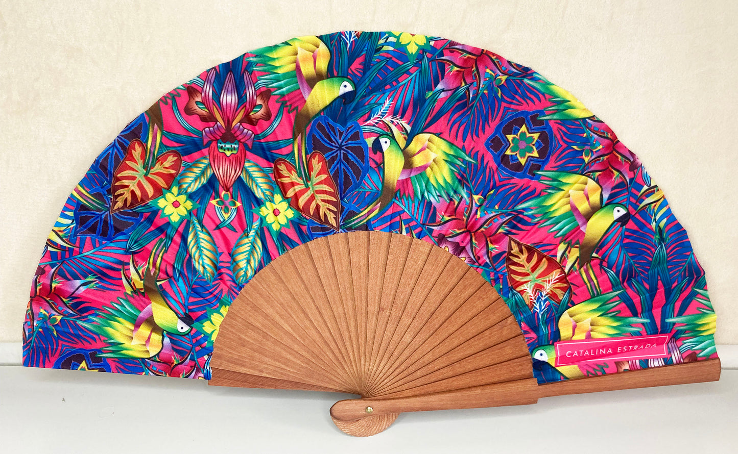 Macaw Parrots Pink Hand Fan | Cherry Wood | Made in Spain