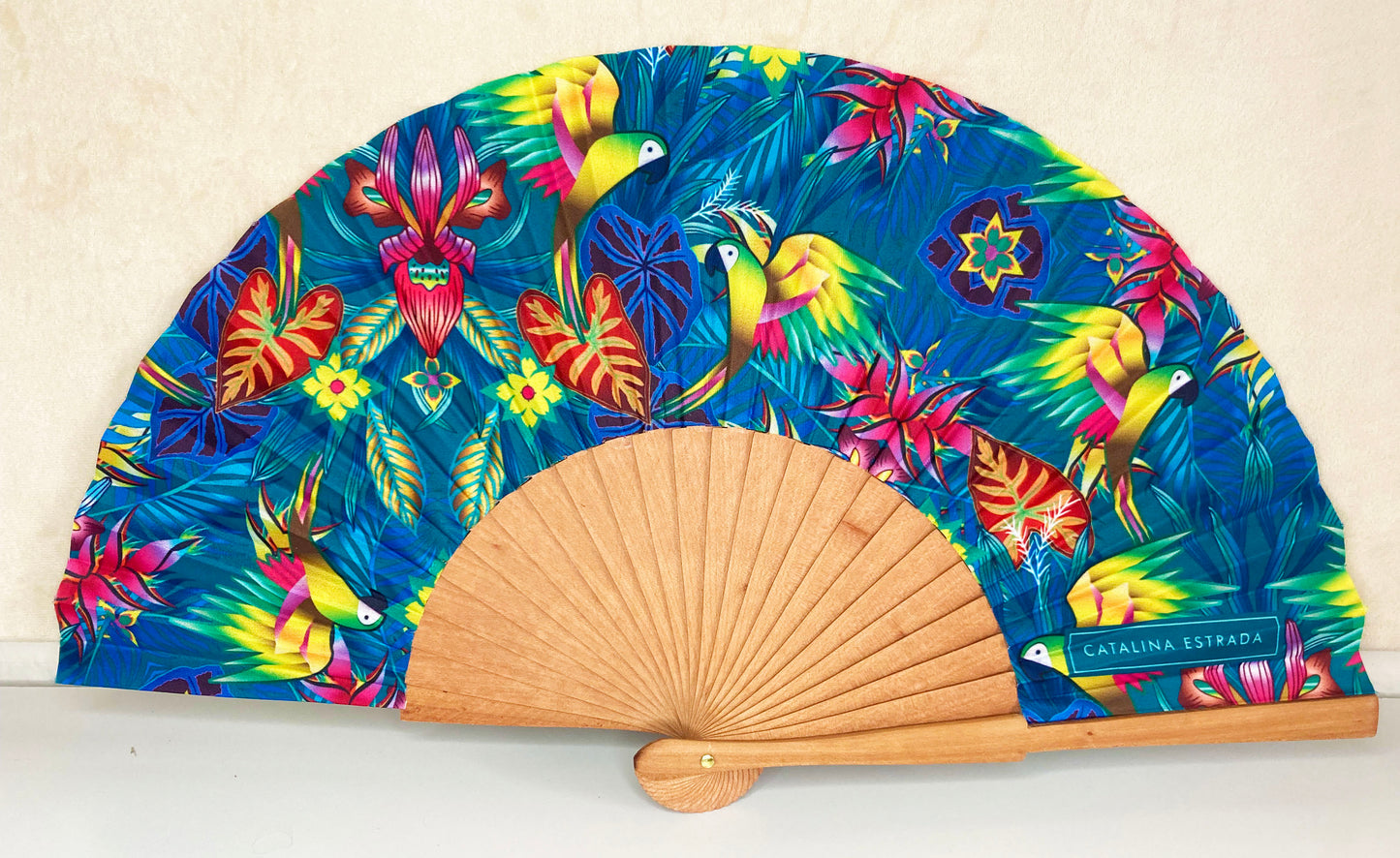 Teal Macaws Parrots Hand Fan | Made in Spain | Cherry Wood And Fabric
