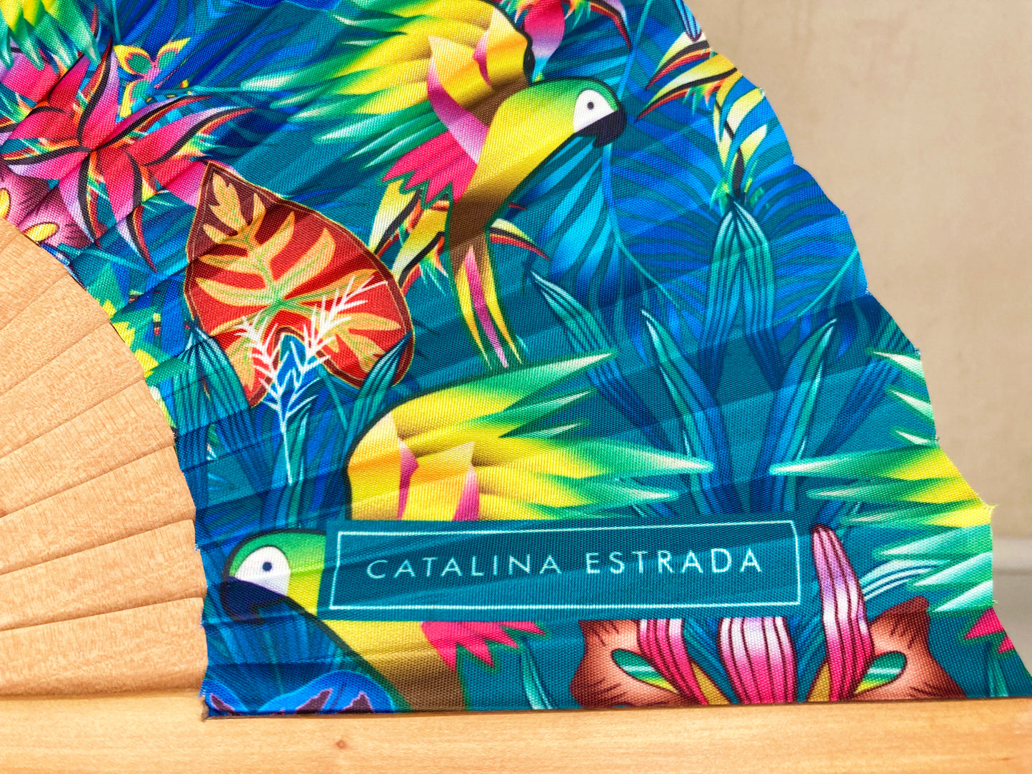 Teal Macaws Parrots Hand Fan | Made in Spain | Cherry Wood And Fabric