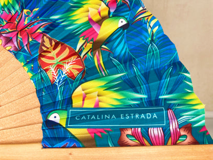 Teal Macaws Parrots Hand Fan | Made in Spain | Cherry Wood And Fabric