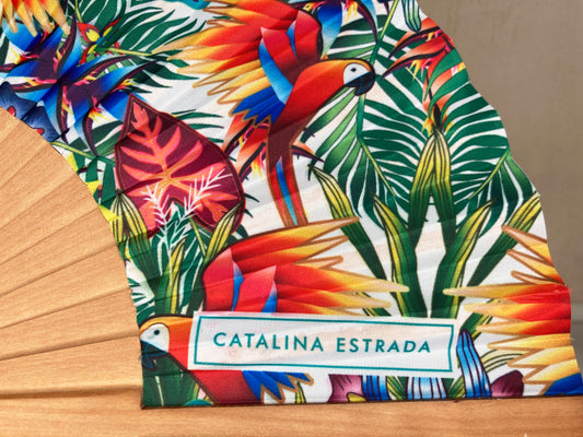 Jungle Macaw White Backdrop Hand Fan | Made in Spain | Catalina Estrada