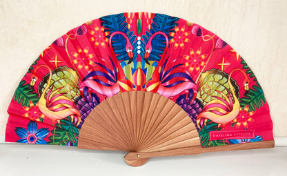 Pink Flamingo Red Backdrop Hand Fan | Made in Spain | Catalina Estrada