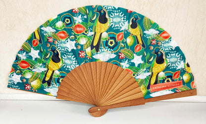 Green Tropical Guava Hand Fan | Made in Spain | Cherry Wood And Fabric