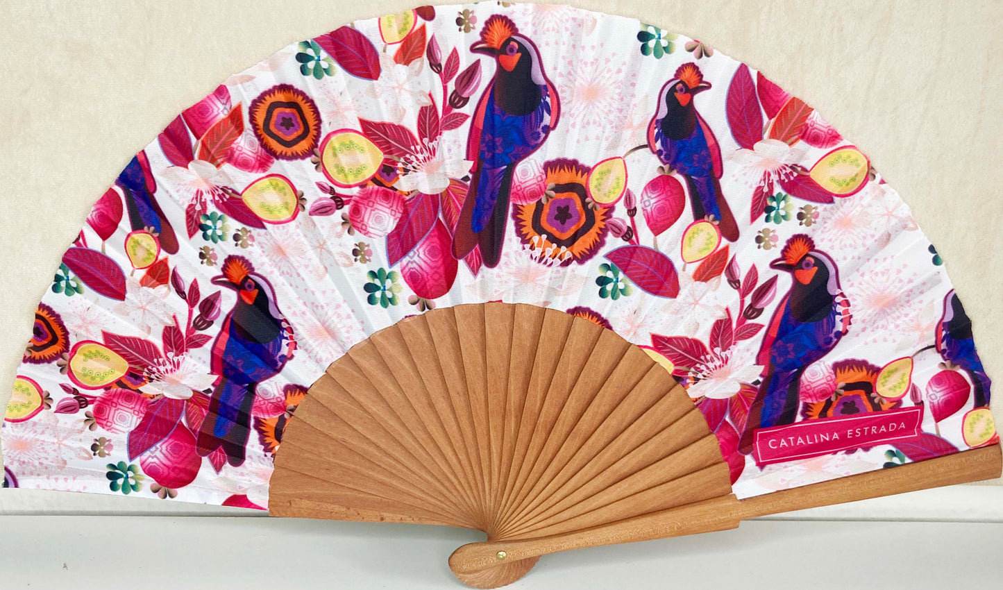Cool White Jay Bird Symphony Hand Fan | Fabric and Cherry Wood | Made in Spain