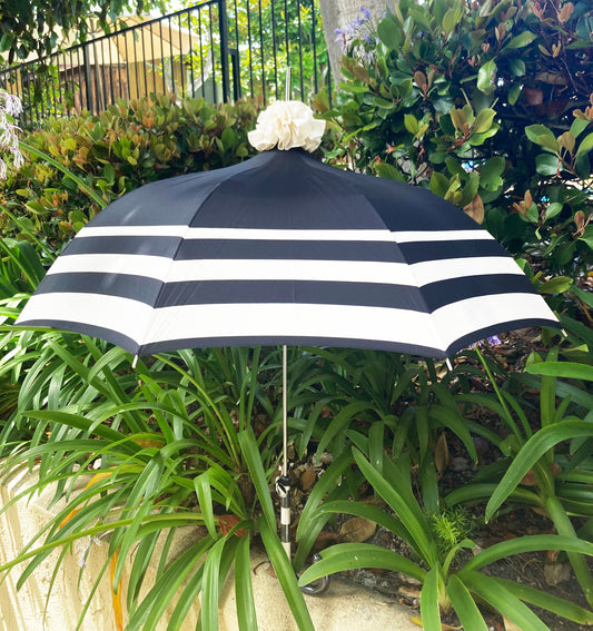 Chic Audrey Umbrella With Ruffle Topper | Black and Cream Automatic Opening