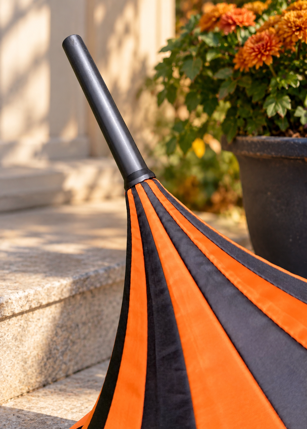 Ariane Orange and Black Pagoda Umbrella | Ribbons and Lace Trim | Stylish Handle
