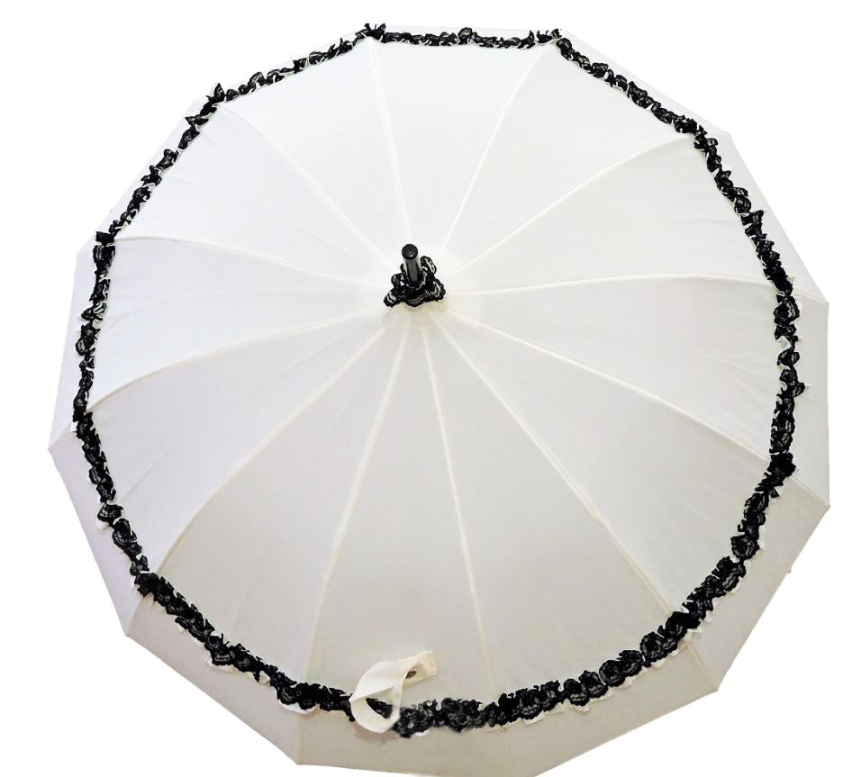 12 Panels Umbrella | Cream and Black Lace Trim With Bows | Beautiful Dome Shape