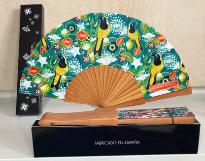 Green Tropical Guava Hand Fan | Made in Spain | Cherry Wood And Fabric