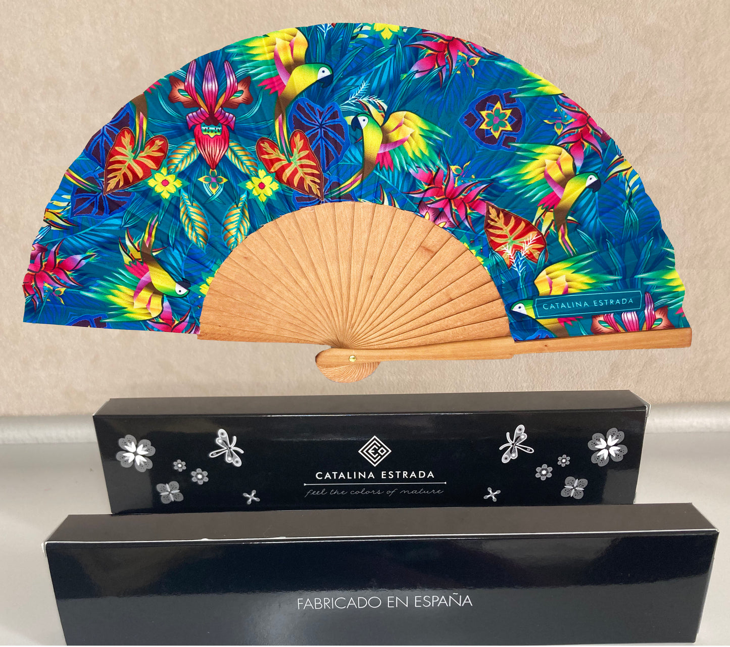 Teal Macaws Parrots Hand Fan | Made in Spain | Cherry Wood And Fabric