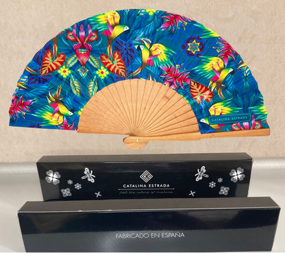 Teal Macaws Parrots Hand Fan | Made in Spain | Cherry Wood And Fabric