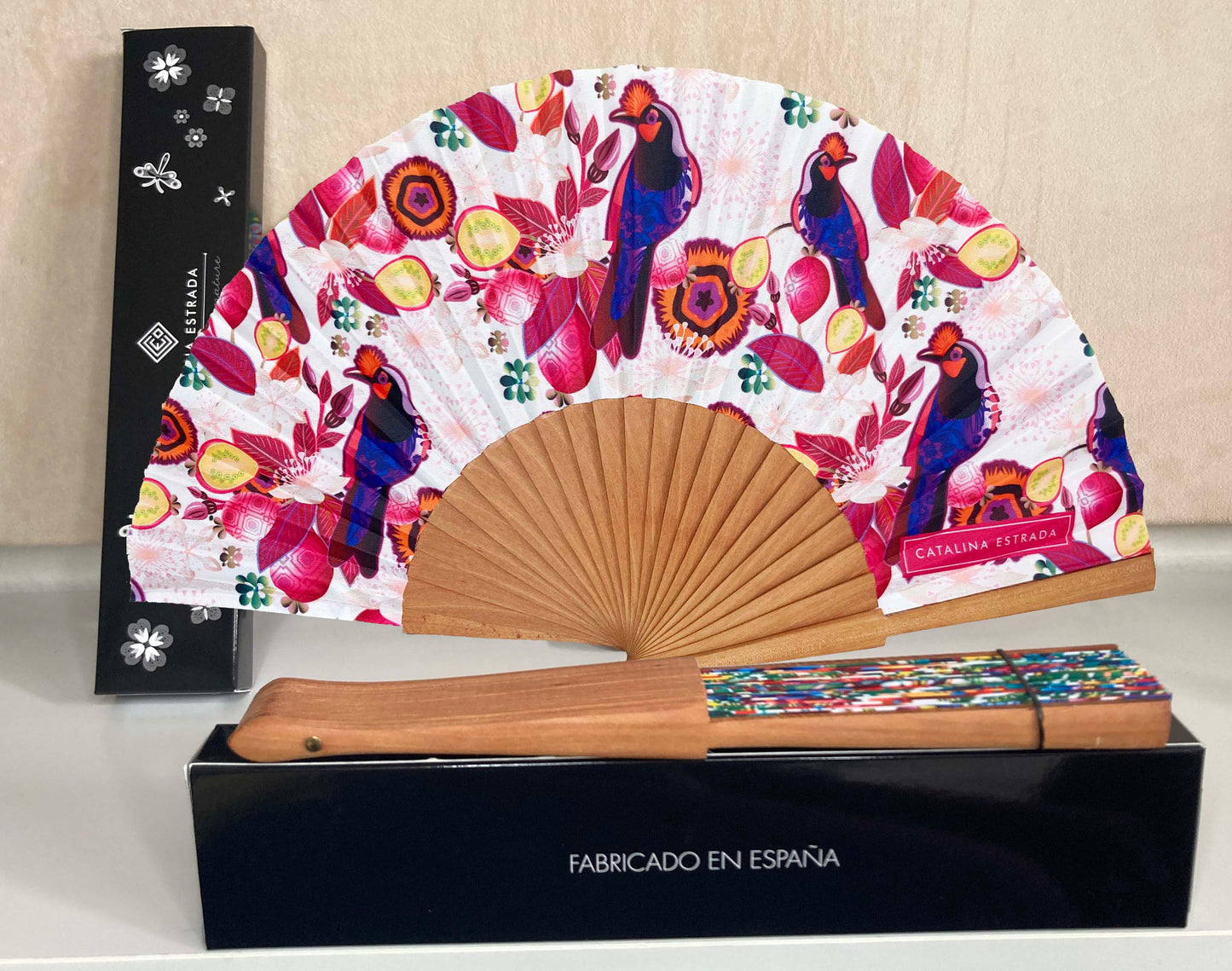 Cool White Jay Bird Symphony Hand Fan | Fabric and Cherry Wood | Made in Spain