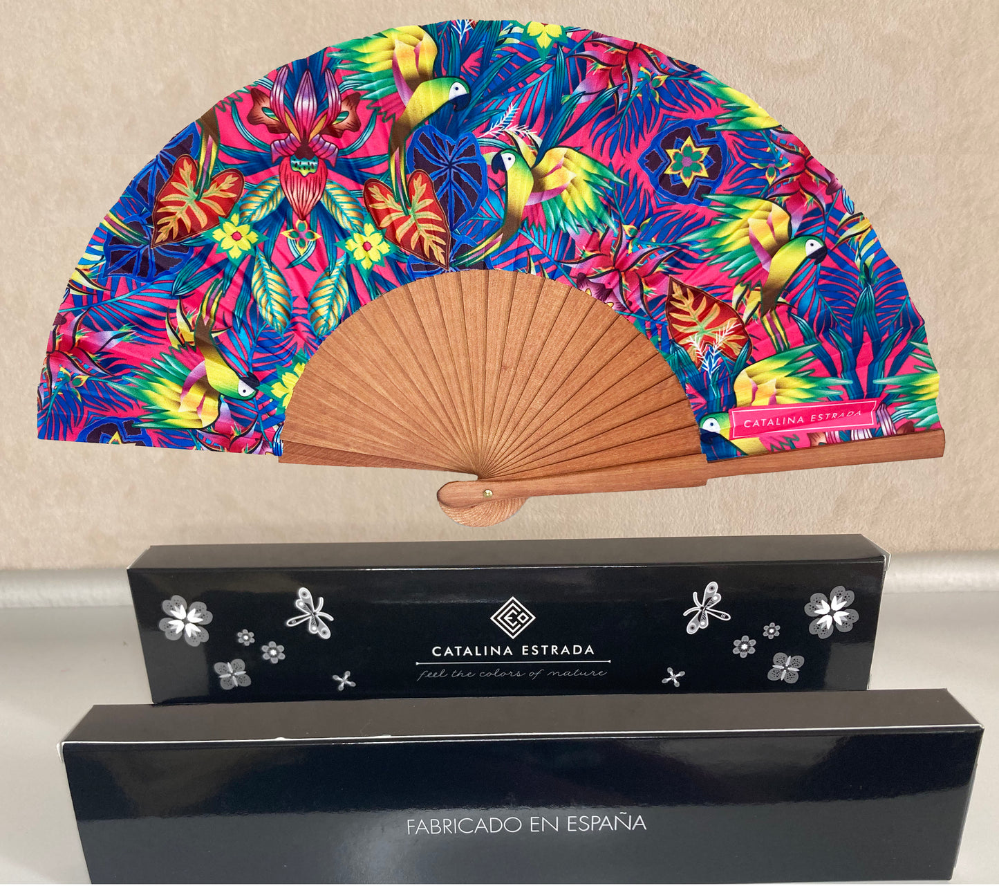 Macaw Parrots Pink Hand Fan | Cherry Wood | Made in Spain