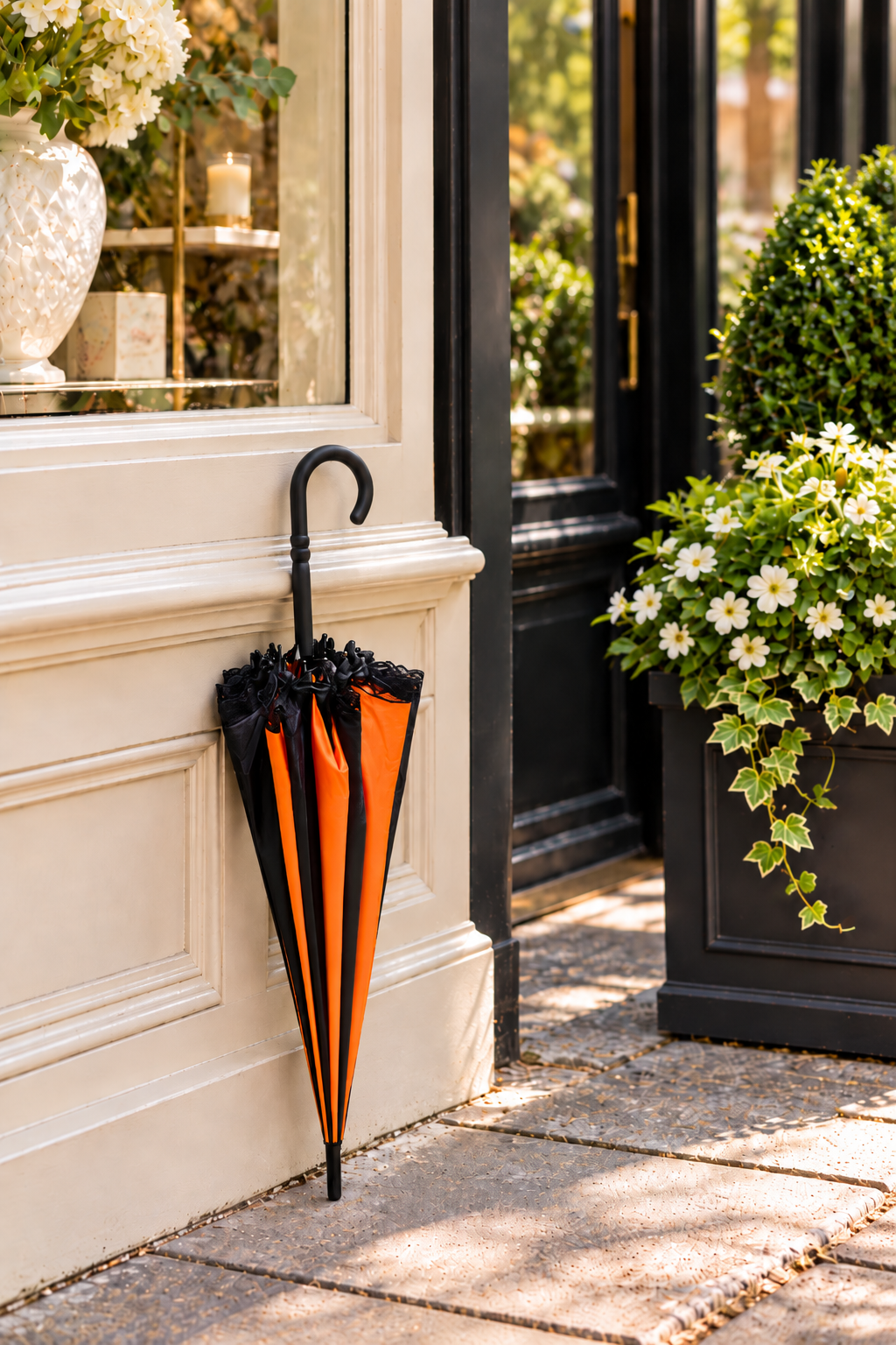 Ariane Orange and Black Pagoda Umbrella | Ribbons and Lace Trim | Stylish Handle
