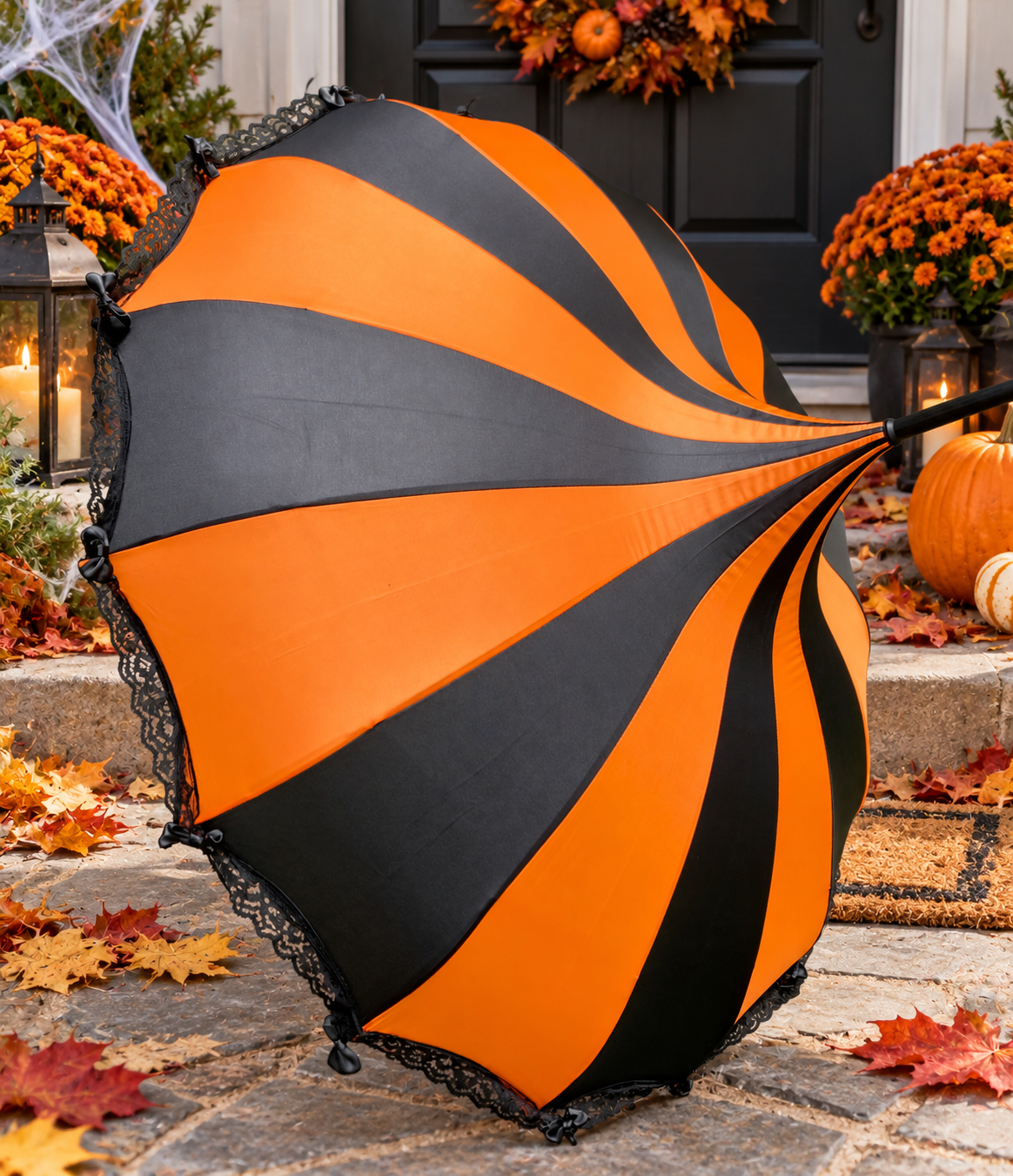 Ariane Orange and Black Pagoda Umbrella | Ribbons and Lace Trim | Stylish Handle