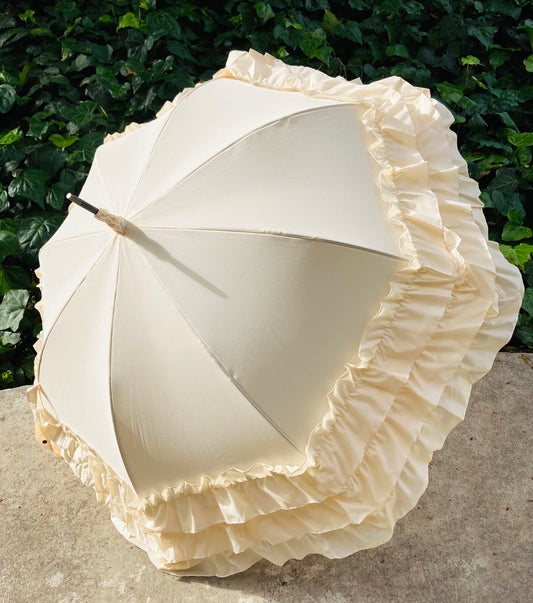 Large 3 Row Frill Cream Umbrella | Tassel and Leather Handle | Auto Open