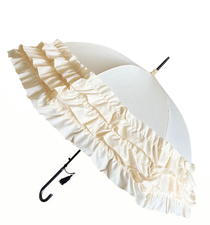 Large 3 Row Frill Cream Umbrella | Tassel and Leather Handle | Auto Open