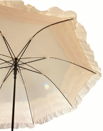 Large 3 Row Frill Cream Umbrella | Tassel and Leather Handle | Auto Open