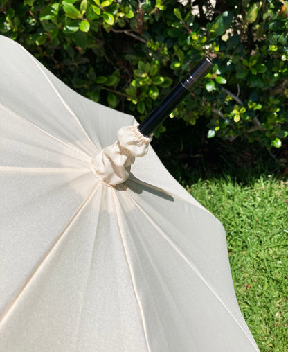 Large 3 Row Frill Cream Umbrella | Tassel and Leather Handle | Auto Open