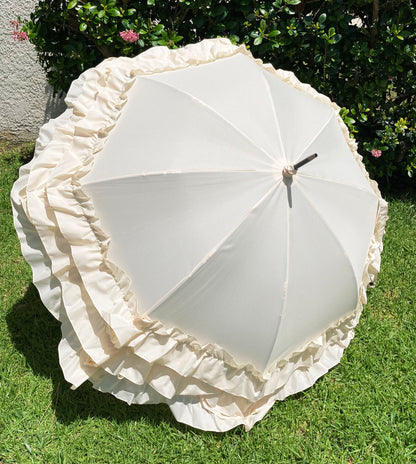 Large 3 Row Frill Cream Umbrella | Tassel and Leather Handle | Auto Open
