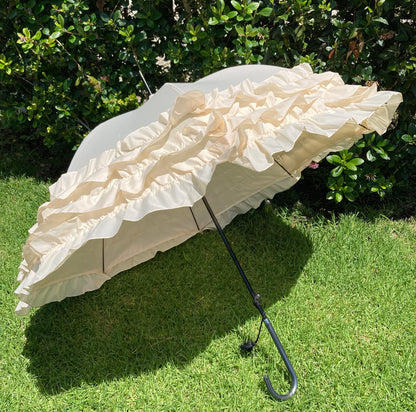Large 3 Row Frill Cream Umbrella | Tassel and Leather Handle | Auto Open