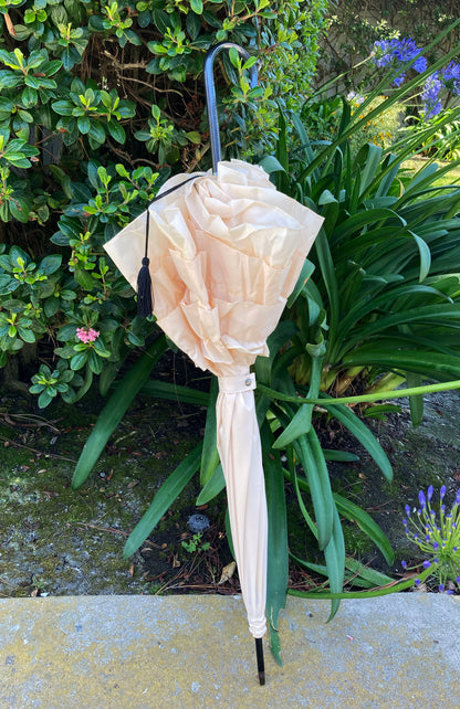 Large 3 Row Frill Cream Umbrella | Tassel and Leather Handle | Auto Open