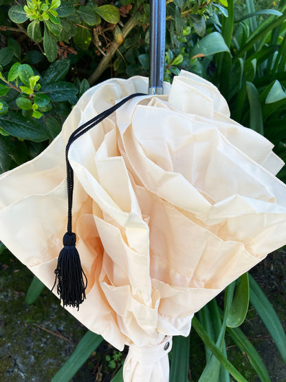 Large 3 Row Frill Cream Umbrella | Tassel and Leather Handle | Auto Open